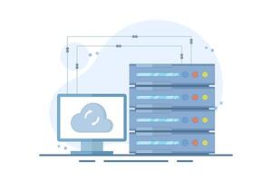 Data Server Concept. Laptop with Data Server. Cloud computing. Data storage protection, computing science disk service, connection innovation. Flat cartoon design Illustration design on background. vector