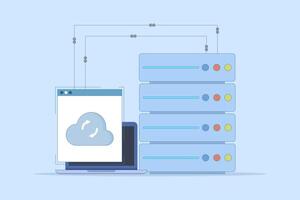 Data Server Concept. Laptop with Data Server. Cloud computing. Data storage protection, computing science disk services, connection innovation. Design Illustration design in the background. vector