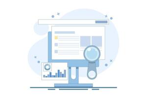 search engine data analysis concept, SEO tools, SEO software, digital marketing analysis report. Data analysis and optimization for SEO, marketing research. flat design illustration on background. vector