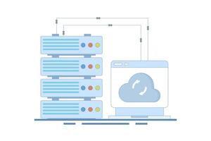 Data Server Concept. Laptop with Data Server. Cloud computing. Data storage protection, computing science disk services, connection innovation. Cartoon design Illustration design on background. vector