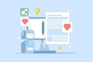 AI content writing concept, Artificial intelligence text generation, , AI content writing for blogs and websites. Content writing for websites. Flat design illustration in the background. vector
