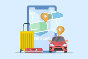Car sharing service app concept. Book online taxi, rent and share your location with mobile app. Online taxi or rent transportation using smart phone service app. Flat illustration. vector