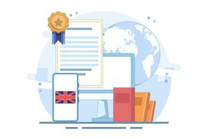Online English language education course concept, PC computer with certificate frame, books, smartphone, translation, Language translation, digital marketing. Flat design illustration on background. vector