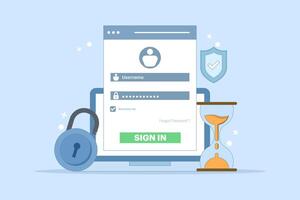 Secure session login username concept, password padlock, computer protection. data protection, log in to account, user authorization. login authentication page. flat illustration. vector