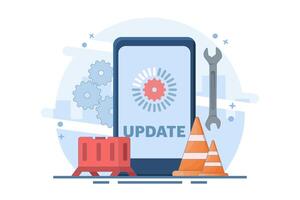System Maintenance Concept, Smartphone Software Update Screen, Update Process, Software Installation, Operating System, Operating System Support. Flat design illustration on Background. vector
