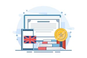 Online English education course concept, PC computer with certificate frame, books, smartphone, translation, Language translation, digital marketing. Flat cartoon design illustration. vector