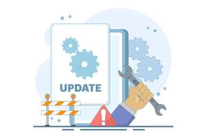 System Maintenance Concept, Smartphone Software Update Screen, Update Process, Software Installation, Operating System, Operating System Support. Flat Cartoon Design Illustration. vector