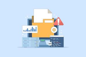 Server Error Fixing Concept, Website code, Bug fix, Server problem fix, Coding and programming, Website security, Server security, Software update. Flat illustration on background. vector
