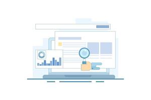 search engine data analysis concept, SEO tools, SEO software, digital marketing analysis report. Data analysis and optimization for SEO, marketing research. cartoon illustration on background. vector