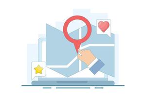 Map application concept, View map on laptop, Map software for exact location, Search engine map, Search location on map. GPS navigation, route movement and location search. Cartoon illustration. vector