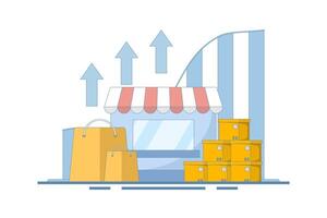 small and medium business development concept. improve and develop local businesses to continue to grow. develop and perform. shop with up arrow. flat design illustration. vector