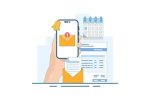 Payment reminder message notification concept. Payment reminder alarm message notification on smart phone screen with invoice email letter. Flat cartoon design illustration on background. vector