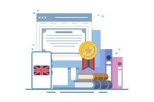 Online English language education course concept, PC computer with certificate frame, books, smartphone, translation, Language translation, digital marketing. Illustration on isolated background. vector