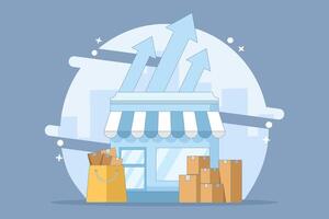 small and medium business development concept. improve and develop local businesses to continue to grow. develop and perform. shop with up arrow. flat illustration. vector