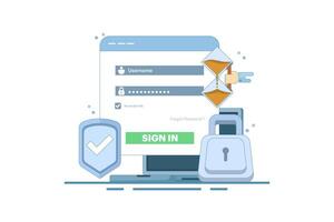 Secure session login username concept, password padlock, computer protection. data protection, log in to account, user authorization. login authentication page. cartoon design illustration. vector
