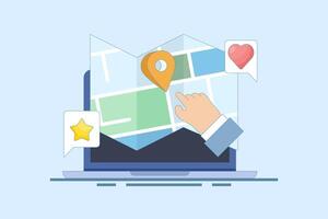 Map application concept, View map on laptop, Map software for exact location, Search engine map, Search location on map. GPS navigation, route movement and location search. Flat cartoon illustration. vector