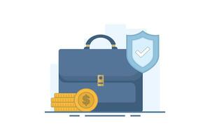 Safe Business Investment Concept. Briefcase with Shield and Coins. Income protection with shield. safe financial transactions. Flat cartoon design Illustration design on background. vector
