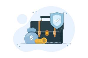 Safe Business Investment Concept. Briefcase with Shield and Coins. Income protection with shield. safe financial transactions. Simple flat cartoon design Illustration design on background. vector