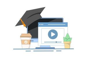 Online education concept, PC computer with cactus and coffee, digital marketing. Gaining knowledge to achieve success and better ideas. Simple design illustration on isolated background. vector