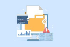 Server Error Fixing Concept, Website code, Bug fix, Server problem fix, Coding and programming, Website security, Server security, Software update. Flat design illustration on background. vector