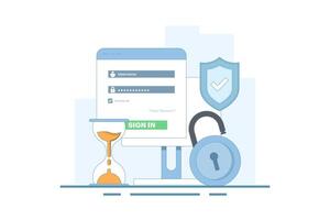 Secure session login username concept, password padlock, computer protection. data protection, log in to account, user authorization. login authentication page. design illustration. vector