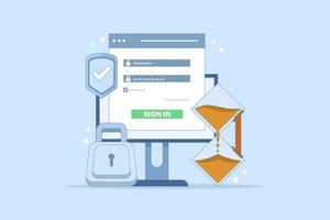 Secure session login username concept, password padlock, computer protection. data protection, log in to account, user authorization. login authentication page. flat design illustration. vector