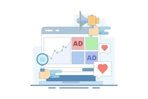Website advertising campaign analysis concept, Website advertising network, Banner advertising on display networks, Social media promotion, Digital display advertising campaign, simple illustration. vector
