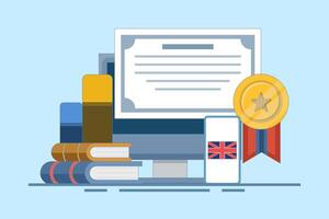 Online English education course concept, PC computer with certificate frame, books, smartphone, translation, Language translation, digital marketing. Flat design illustration. vector