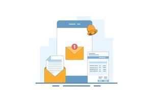 Payment reminder message notification concept. Payment reminder alarm message notification on smartphone screen with invoice email letter. Simple flat design illustration on background. vector