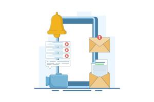smartphone notification concept with notification message, email bell, chat, call, utility mobile app, reminder app, get notification on smartphone, flat style design illustration. vector