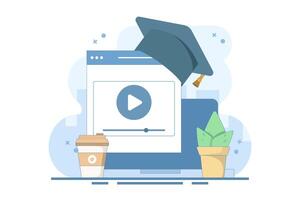 Online education concept, PC computer with cactus and coffee, digital marketing. Gaining knowledge to achieve success and better ideas. Simple design illustration on background. vector