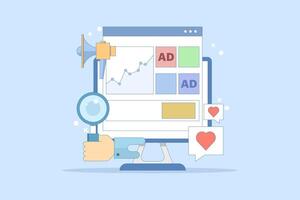 Website advertising campaign analysis concept, Website advertising network, Banner advertising on display networks, Social media promotion, Digital display advertising campaign, flat design. vector