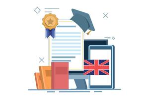 Online English language education course concept, PC computer with certificate frame, books, smartphone, translation, Language translation, digital marketing. Design illustration on background. vector