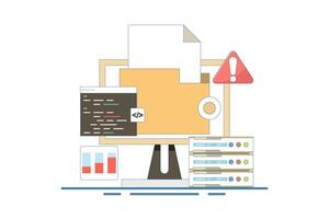 Server Error Fixing Concept, Website code, Bug fix, Server problem fix, Coding and programming, Website security, Server security, Software update. Flat cartoon design illustration on background. vector
