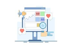 Website advertising campaign analysis concept, Website advertising network, Banner advertising on display networks, Social media promotion, Digital display advertising campaign, design illustration. vector