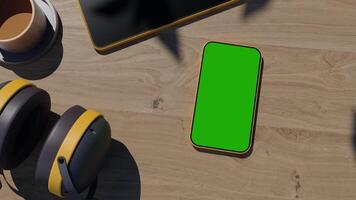 A phone lying on a table an animation of a gadget on a wooden video
