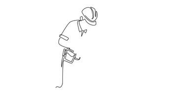 Animated self drawing continuous line draw young craftsman or carpenter worker wearing helmet cutting wooden board using handsaw. House maintenance services concept. Full length single line animation video