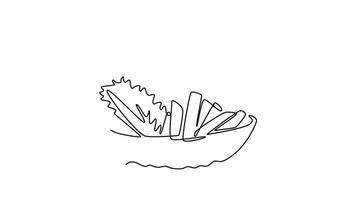 Self drawing animation of single line draw wicker basket with full of raw vegetables for harvest logo icon. Balance of food ingredients for healthy cooking. Continuous line draw. Full length animated video