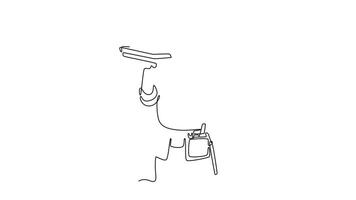 Self drawing animation single line draw male carpenter in uniform carrying stack of wooden boards. Building construction worker or home decoration services. Continuous line draw. Full length animated video