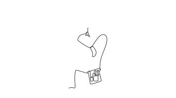 Animated self drawing of continuous line draw handyman wearing helmet and uniform holding drill machine with two hands. Repairman construction maintenance services. Full length single line animation video