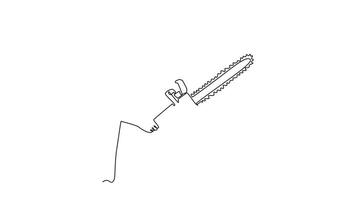 Self drawing animation of single line draw young woodworker holding big chainsaw to log tree for wood business or industry. Lumberjack cutting wood concept. Continuous line draw. Full length animated video