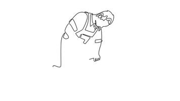 Animated self drawing of continuous line draw young carpenter drilling wooden board with drill machine to make cupboard. Repairman construction maintenance services. Full length single line animation video