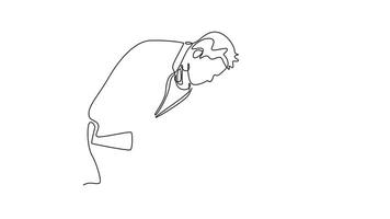 Animated self drawing continuous line draw young carpenter measuring wooden board using measurement tape, ruler, pencil. Home decor construction or renovation services. Full length one line animation video