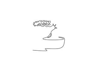 Animated self drawing of continuous line draw old beauty and charming exotic tiny bonsai tree logo. Decorative potted bend plant for greeting post card plant edition. Full length single line animation video