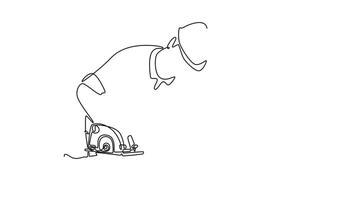 Animated self drawing of continuous line draw young woodworker or carpenter wearing helmet cutting wooden board using circular saw. Home renovation services concept. Full length single line animation video