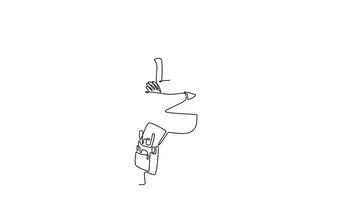 Self drawing animation of single line draw construction builder wearing uniform, tools belt, helmet while crossing his hands. Craftsman home repair services. Continuous line draw. Full length animated video