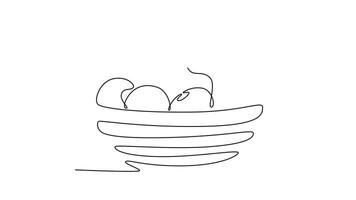 Animated self drawing of continuous line draw wicker basket full of fruits containing orange, grapes, apple, pineapple and banana. Hampers parcel filled with vitamin C. Full length one line animation video