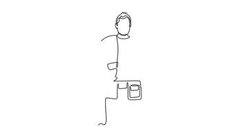 Self drawing animation of single line draw young active architect wearing construction uniform, vest while holding helmet. Home renovation service concept. Continuous line draw. Full length animated video