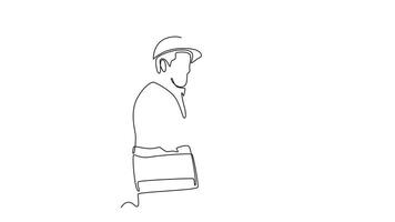 Animated self drawing continuous line draw builder or handyman wearing helmet and uniform nailing wall with hammer. Home decor construction renovation services concept. Full length one line animation video