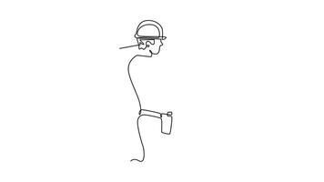 Animated self drawing of continuous line draw male construction worker wearing helmet and glove while carrying pile of woods. Carpenter building maintenance services. Full length single line animation video